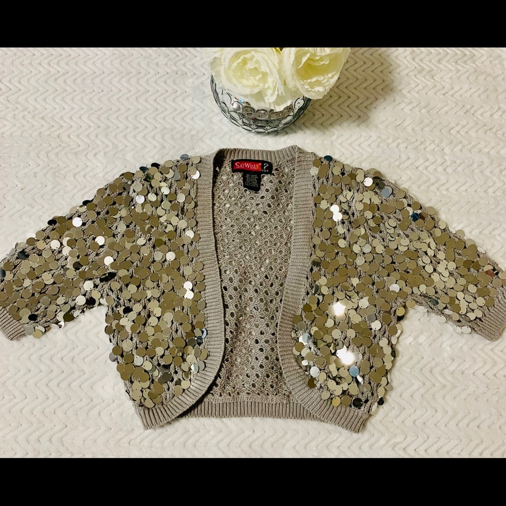 SAY WHAT Junior’s L Open Blouse Silver Knit+Deco